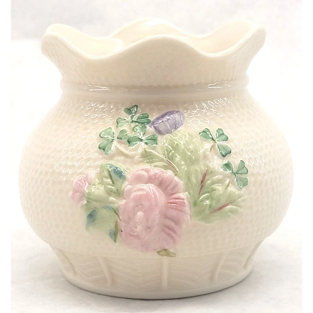 Vintage Belleek Porcelain Vase Ireland Shamrocks Rose Scalloped Rim 5” 1st Gold